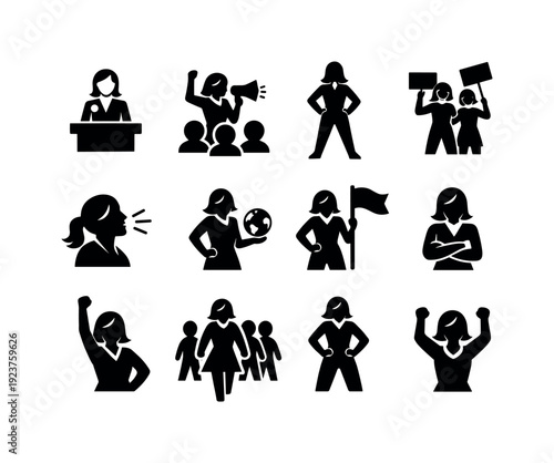 Powerful women. Solid icon set of Powerful women: woman leader, speaking at rally, empowered stance, protest with purpose, strong female
