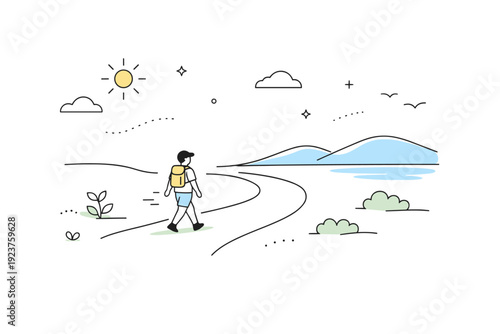 Nature hikes in light clothing. Wide composition with a small hiker figure on an open path, lots of space around. Minimal editorial scene