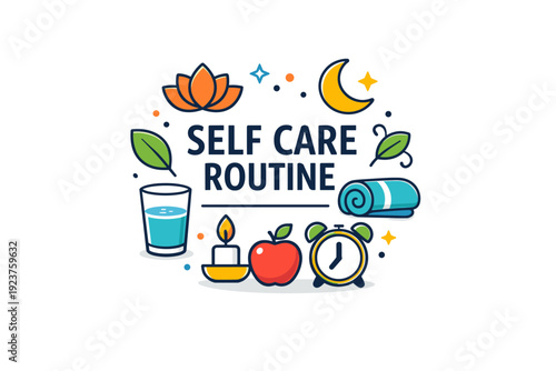 Self care routine compact editorial badge with wellness symbols arranged in harmony, communicating balance, rest, and healthy daily habits. Minimalist flat