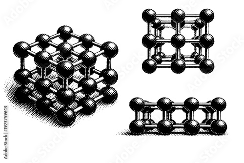 Quantum computing qubit lattice object. Black and white dot style with halftone texture and high contrast. Halftone texture with partial