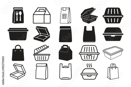 Collection of black and white food packaging takeout container