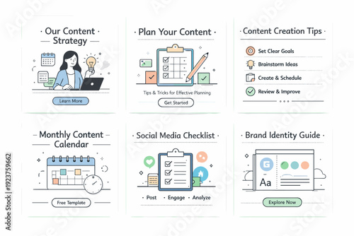 Social media content grid. A set of coordinated post templates displayed together, consistent typography and spacing, calm and cohesive look. The illustration