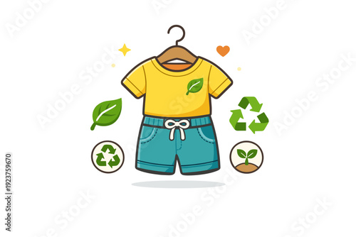 Children?s sustainable fashion everyday outfits a cheerful child-sized outfit on a hanger made from natural fabrics, with small leaf icons