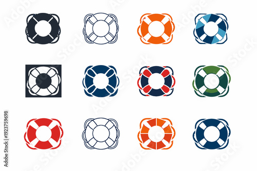 Search and rescue. Icon set. Set Logo of Search and rescue: lifebuoy with rope. harmonious logo variations of the same emblematic concept, each with different