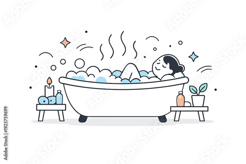 Relaxing bath ritual. A person soaking in a bathtub with gentle steam rising, peaceful end-of-day atmosphere. Simple bubbles and curved lines