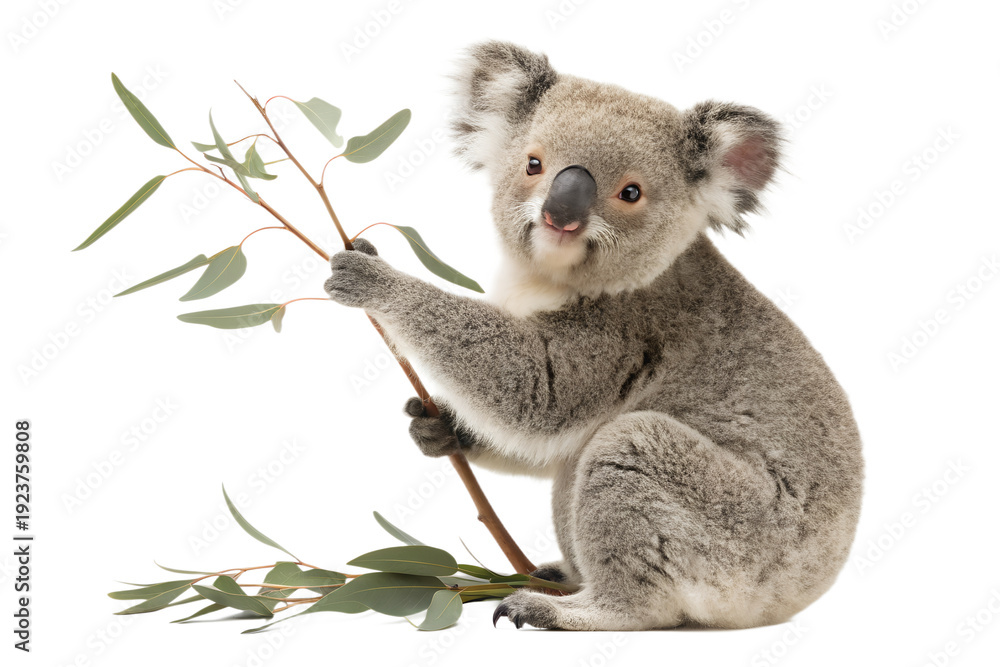 Fototapeta premium Baby Koala Holding Branch Isolated PNG Transparent Background