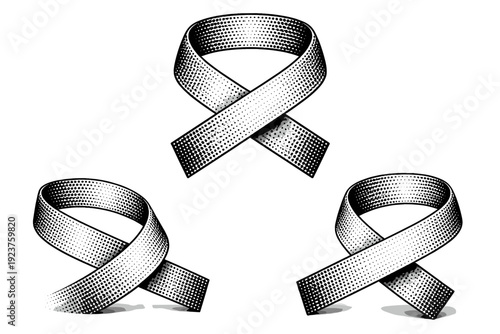 Looped dotted halftone border ribbon A looped border ribbon with overlapping ends shown in front view, side view, and three-quarter view as isolated object