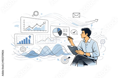 Performance analytics. A professional interpreting metrics, signals, and abstract data waves