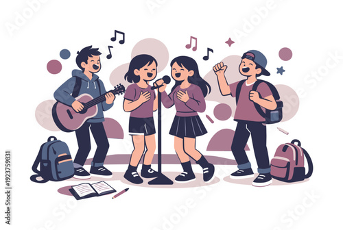 After-school music class. Youth singing together casually, backpacks and notebooks nearby,