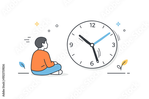 Time passing concepts. Calm scene with a person watching a wall clock, subtle motion lines showing slow movement of hands. Quiet awareness of time flowing