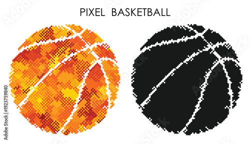 Pixelated basketball in orange and black abstract sport