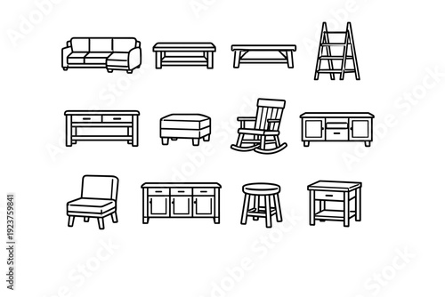 Farmhouse furniture. Line icon set of Farmhouse furniture: sectional sofa, wooden coffee table, bench seating, ladder shelf, console table,