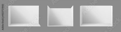 Booth stand wall mockups with panels arranged in horizontal layout. Vector isolated realistic surfaces for commercial graphics. Fair stands, retail presentations and advertising materials