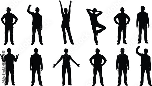 Silhouettes of people in various poses, including success celebration, yoga balance, arms raised, thinking, standing confidently, expressing joy, and corporate leadership,