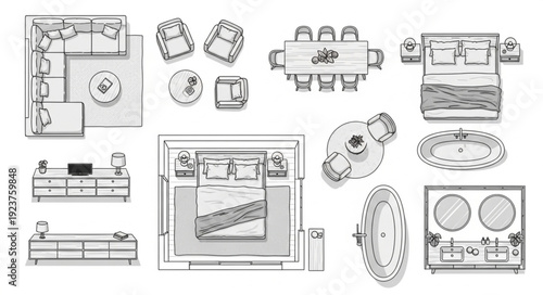 Detailed architectural floor plan of various furniture arrangements and layouts.
