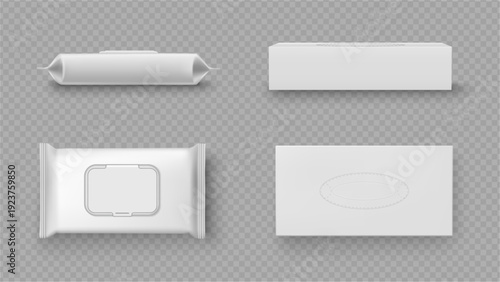 Disposable paper napkins, isolated set of wet wipes boxes or packages. Vector realistic style, mockup collection for copy space. Sanitary and hygienic products for self care, makeup removal