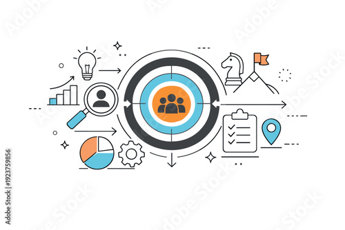 Strategic Visual Alignment. Strategic niche positioning. Abstract business elements aligning around a clearly defined target group, creating visual order.