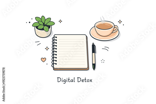 Digital detox everyday activities. Minimal flat-lay of a notebook, pen, plant, and cup of tea arranged neatly on a clean desk. Calm and