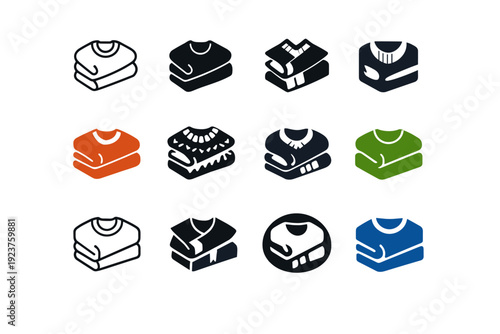 Cozy sweater. Icon set. Set Logo of Cozy sweater: folded knit sweater. harmonious logo variations of the same emblematic concept, each with