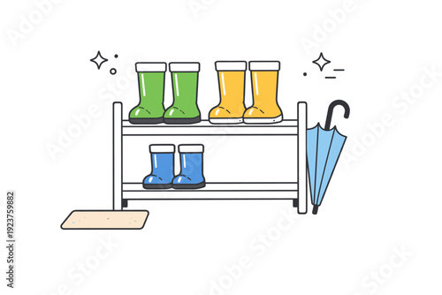 Rubber boots storage. Rubber boots placed neatly on a simple shelf or mat, showing order and readiness for use. Calm domestic scene with