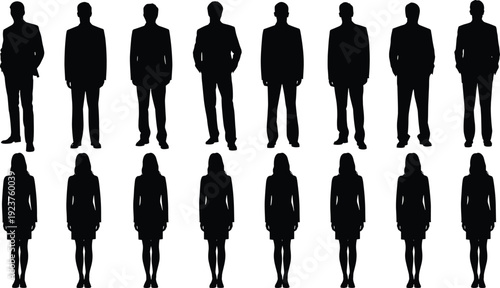 Professional business people silhouettes set, standing male and female corporate figures in formal suits, leadership, teamwork, executive workforce, career success,v