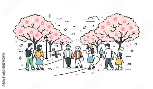 Diverse people enjoying a park stroll under blooming cherry blossom trees in spring