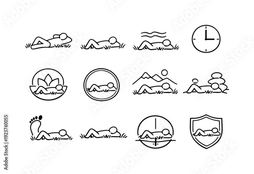 Lying on the Grass. Line outline icon set of Lying on the Grass: relaxed person silhouette,