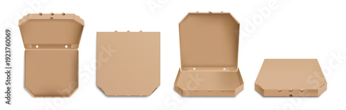 Cardboard pizza box mockup, isolated set of closed and open packages in front and top view. Vector realistic style, fast food delivery containers, empty packs for pizzeria. Takeaway meals