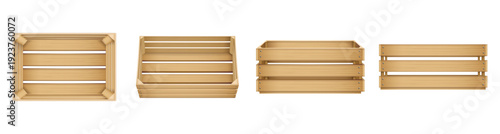 Realistic wooden crates and boxes, top and side views. Vector pine or oak cases for carrying and keeping fruits or vegetables. Farm style storage. Visualization of natural wood containers