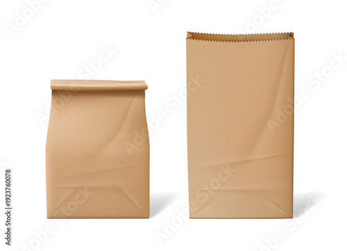 Ecologically friendly bags, front view. Vector isolated carton paper packages for products or food to takeaway. Packaging without text or logo. Eco alternative for plastic wrapping