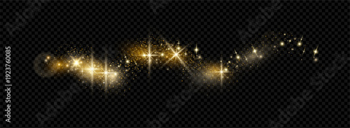 Glowing glitter light trail with golden sparkles. Vector realistic luminous particles forming wavy star path. Festive decoration and holiday banners, Christmas and party celebration effects
