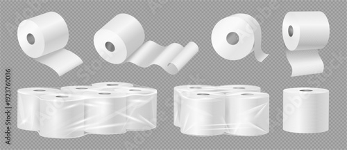 Toilet or sanitary paper rolls mockup set. Vector realistic collection of bath tissues with cardboard spool cylinder tube. Lavatory tissue open and in plastic packets. Element of personal hygiene