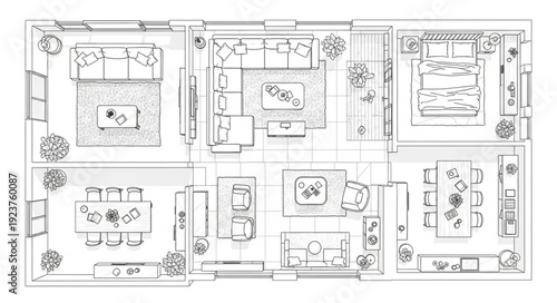Detailed architectural floor plan showcasing interior design and room layouts.