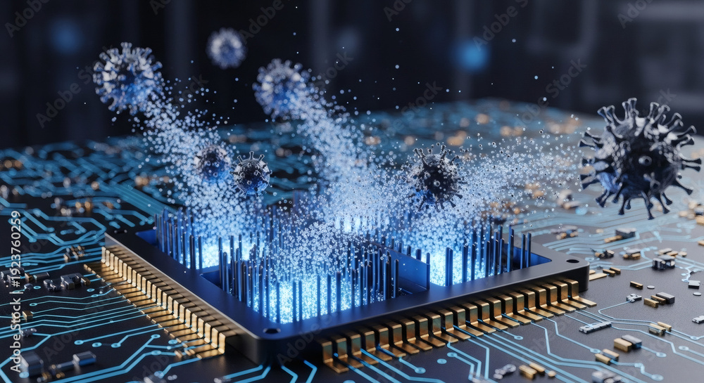 Fototapeta premium Digital virus attacking a microchip and spreading data corruption on a computer circuit board