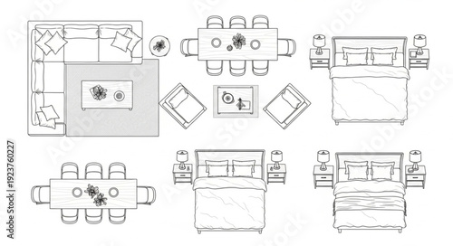Detailed top-down view of various furniture arrangements in a room layout.