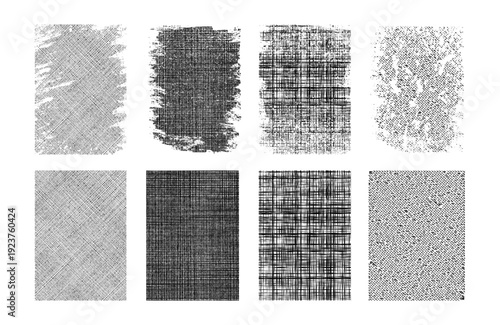 Grunge fabric and canvas textures in grayscale. Vector set of rough woven surfaces, worn cloth patterns and distressed textile overlays. Grunge backgrounds and art, textile and creative design