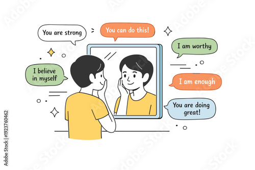 Positive self-talk. A person looking into a mirror with kind words written in small speech bubbles. The scene shows encouragement, emotional