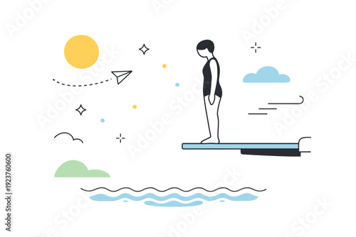 Before something happens. Person standing at the edge of a diving board, still and composed, facing water below. Poised calm before movement