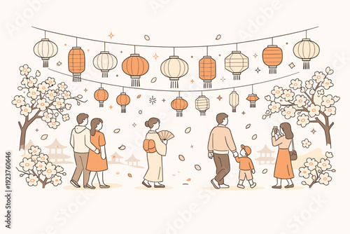 Spring Lantern Celebration. Spring lantern festivals details. A calm editorial scene of people walking under suspended lanterns during a soft evening