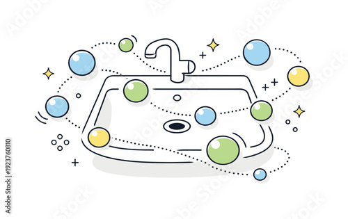 Clean sink with colorful bubbles and sparkling stars, minimalist line art illustration