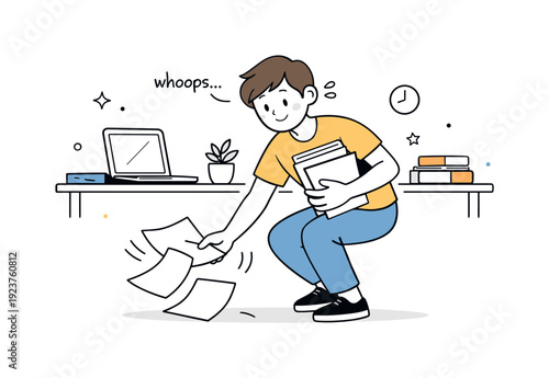 Young man dropping papers while holding books near a desk with a laptop