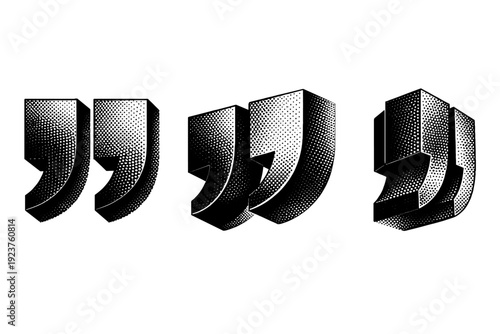 Quote typography layout shown as a three-dimensional quotation mark symbol with typographic weight displayed in front view, angled