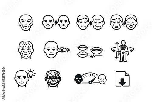 AI Face Icon Set. AI Face Manipulation. Line outline icon set of AI Face Manipulation: facial landmarks,