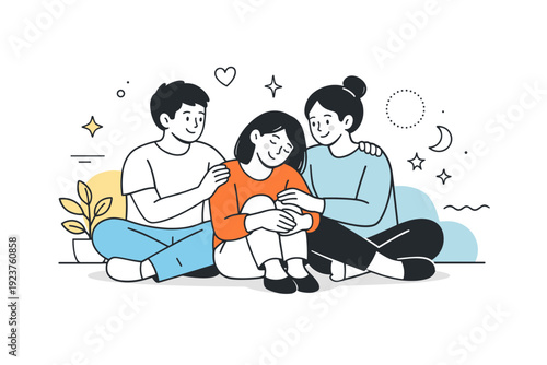 Building emotional bonds. A small group sharing a quiet positive moment, surrounded by calm abstract elements. Warm editorial scene about