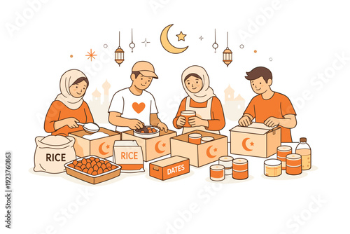 Ramadan charity food packing. A group of volunteers calmly assembling food boxes with dates, rice, and canned goods for distribution during