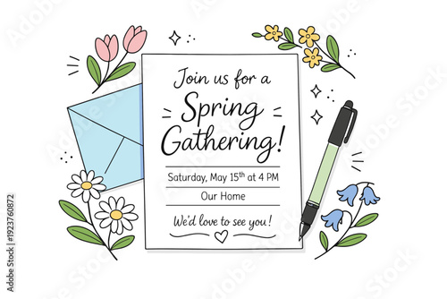 Holiday Invitation Flat Lay. Handwritten holiday invite flat lay. Invitation card, pen, and envelope arranged with spring flowers. Thoughtful welcoming feeling