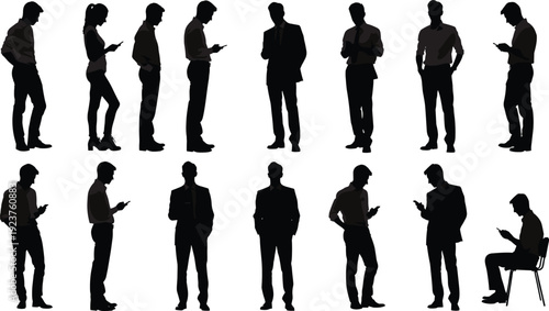 Business people silhouettes set using mobile phones, standing and sitting in formal suits, professional corporate communication, networking, digital technology interaction,