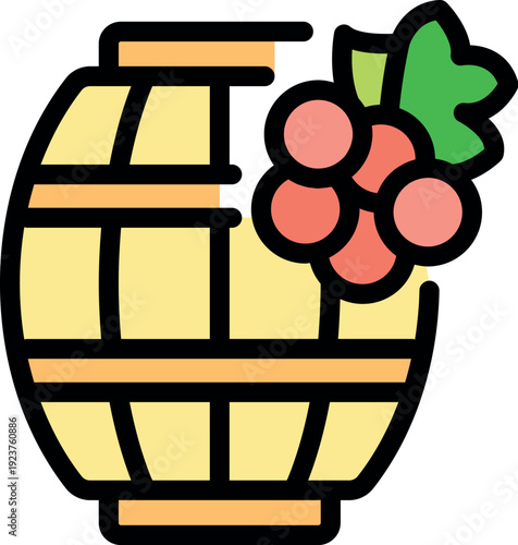 Wooden barrel and fresh grapes symbolize the winemaking process, blending tradition with the essence of nature's harvest