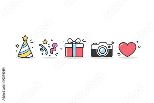 Basic holiday icons. A tidy icon set featuring party hat, confetti, gift, camera, and heart, evenly spaced. Friendly universal celebration