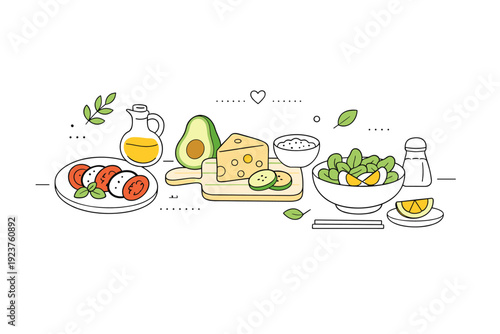 Modern food editorial background. Clean composition with abstract food shapes, plates, and ingredients arranged with generous white space. Calm, fresh mood